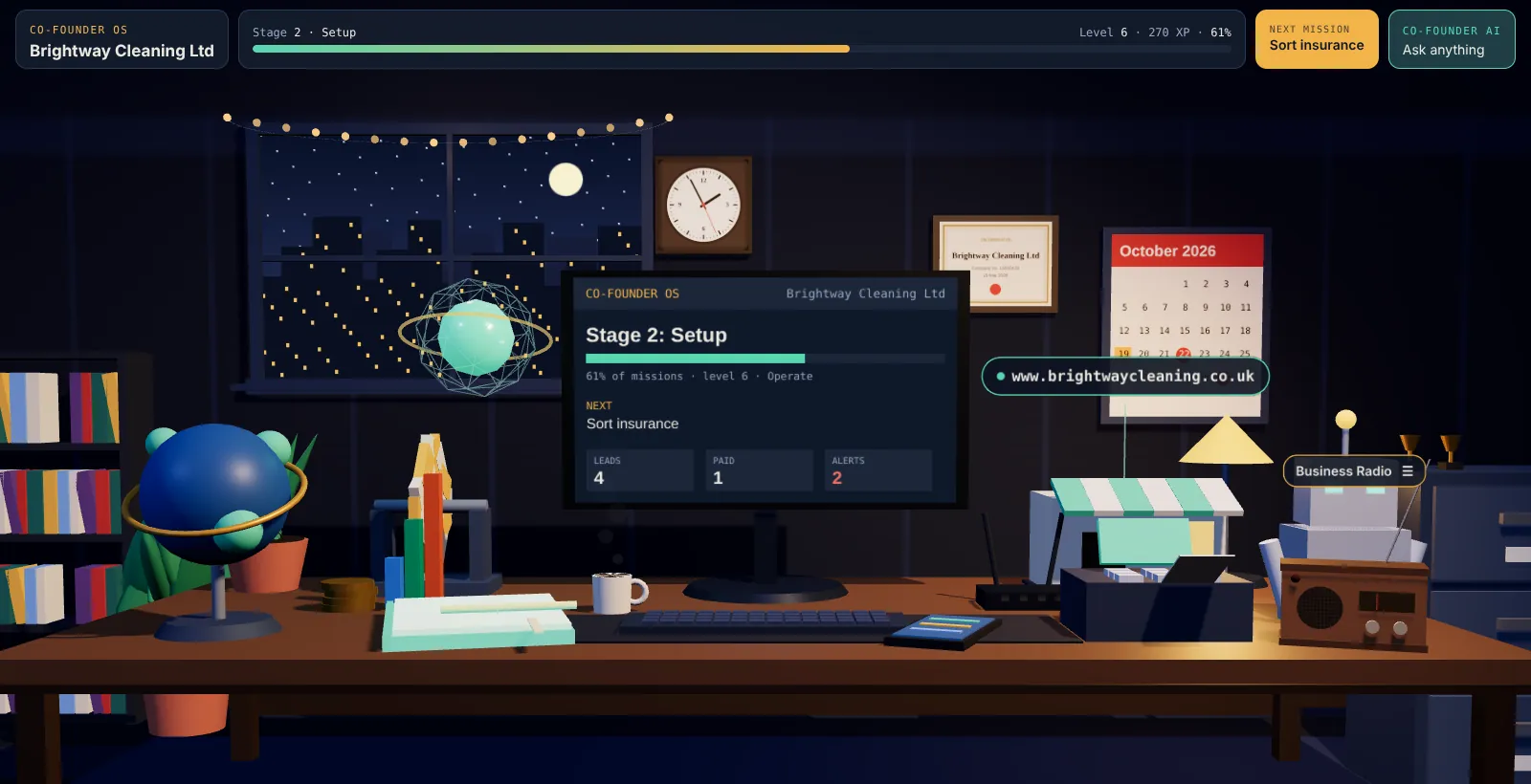 The MyOfficeDesk desk at night: a monitor showing Stage 2 Setup at 61%, a wall calendar, clock, incorporation certificate, robot operator, radio and a floating website address.