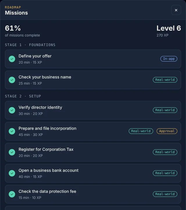 The Missions panel showing stages, completed missions with ticks and the next mission highlighted.