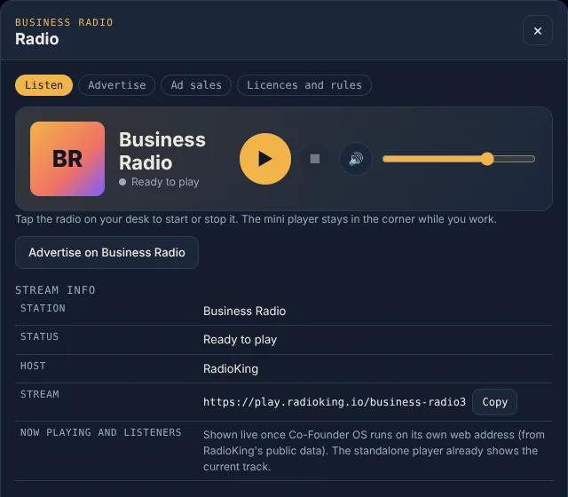 The Business Radio player with play, stop, mute and volume controls and stream information.